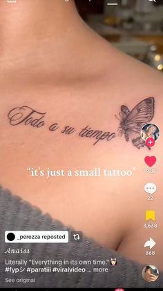 the back of a woman's shoulder with a tattoo saying, it's just a small tattoo