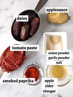 ingredients to make an apple cider recipe on a white marble counter top with text