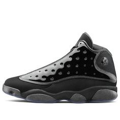 The Nike Air Jordan 13 Retro ‘Cap and Gown’ is a sleek and stealthy take on the classic basketball sneaker. The upper is crafted from patent leather and nubuck for a luxurious look, while the outsole features the signature panther’s-paw-inspired design. The hologram icon next to the collar is finished in a tonal black, for a covert look. This shoe is perfect for hitting the court in style, or simply rockin’ the laid-back athleisure look. (SNKR/Men's/Non-Slip/High Top/Basketball/Shock-absorbing) Modern Jordan Sports Shoes With Contrast Sole, Classic Low-top Patent Leather Sneakers, Leather Jordan Shoes With Contrast Sole For Sports, Modern High-top Jordan Shoes With Rubber Sole, Leather Basketball Shoes With Contrast Sole For Light Sports, Leather High-top Jordan Shoes For Light Sports, Sporty High-top Jordan Shoes With Translucent Outsole, High-top Leather Jordan Shoes With Translucent Outsole, Leather High-top Basketball Shoes With Translucent Outsole