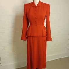 Gorgeous And Timeless Silhouette. This Is A Rare Find Indeed! Great Condition For A Suit Of 80+ Years. Beautiful Tailored Suit From B. Siegel In Detroit. Jacket Fully Lined. Muted Red (Poppy) Color. One Very Small Snag On Upper Arm (See 2nd To Last Photo) And Barely Detectable Stains On Waist Area Of Coat (See Last Photo)...Truly Difficult To Detect. Almost Perfect Condition! Coat Waist Measures 14" Across. 1940s Jacket, Poppy Color, Upper Arms, Red Suit, Almost Perfect, 1940s Dresses, Red Poppies, Poppies, Womens Dresses