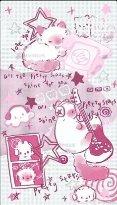 an animal with a guitar and stars on it's back ground, in pink