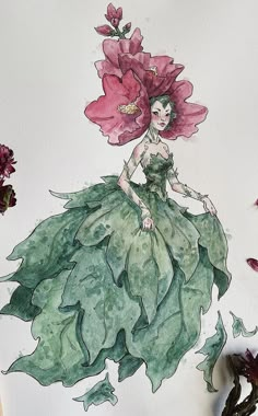 a watercolor painting of a woman in a green dress with large pink flowers on her head