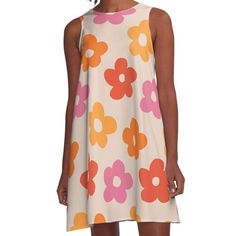 Loose-fit, mid-length sleeveless dress with silky handfeel. Printed on both sides. Machine washable. Size range XS-2XL. Retro 60s 70s Flowers Pattern #pattern #vintage retro,60s,70s,vintage,color pallete, 70s colors,vintage colors, fowers,floral,yellow,orange,pink,mid-century Retro Sleeveless Dress With Floral Print For Spring, Retro Sleeveless Midi Dress For Garden Party, 70s Inspired Sleeveless Dresses, White Retro Sleeveless Spring Dress, Retro Mini Dress For Garden Party, Retro A-line Sleeveless Dress, Retro Printed Midi Dress For Spring, Sleeveless Dress With Retro Print For Garden Party, Sleeveless Retro Print Dress For Garden Party