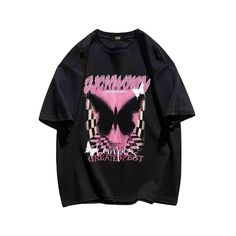 Introducing our latest addition to the Hip Kiwi collection - the Pink Black Butterfly T-shirt. This stylish and unique t-shirt features a beautiful butterfly design in shades of pink and black, making it a perfect addition to any wardrobe. Made from high-quality cotton, this t-shirt is not only comfortable to wear but also durable, ensuring long-lasting use. The design is printed using state-of-the-art technology, resulting in vibrant colors and sharp details. Edgy Pink T-shirt For Streetwear, Casual Butterfly Print T-shirt For Streetwear, Edgy Pink T-shirt With Graphic Print, Grunge Pink T-shirt For Streetwear, Trendy Pink Butterfly Print Tops, Casual Pink T-shirt With Butterfly Print, Pink Short Sleeve T-shirt With Butterfly Print, Black Cotton T-shirt With Butterfly Print, Graphic Tee With Butterfly Print For Streetwear