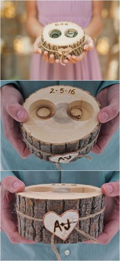 two pictures showing the inside of a wooden box with hearts on it and hands holding an empty