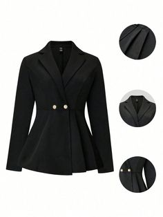 Double-Breasted Suit Jacket With Regular Shoulder, Long Sleeves, Metal Buttons, Waistband And Pleats Black Elegant  Long Sleeve Fabric Plain Regular Slight Stretch  Women Plus Clothing, size features are:Bust: ,Length: ,Sleeve Length: Winter Work, Clothes Sale, Black Suits, Suit Fashion, Black Blazer, Women Clothes, Double Breasted Suit Jacket, Metal Buttons