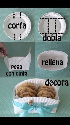 the instructions for how to make paper plates and napkins with chocolate chip cookies in them