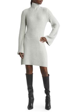 Lovely and soft to the touch, this ribbed sweater-dress with an elegant mock neckline is a mainstay for cool-season layering. 33 1/2" length (size Medium) Mock neck Long sleeves Unlined Dry clean or hand wash, dry flat Imported Dress With Loafers, Double Breasted Blazer Dress, Knee High Boots Dress, Pink Satin Dress, Grey Long Sleeve Dress, Jeans Outfit Fall, Rib Sweater, Ribbed Sweater Dress, Black Dress With Sleeves