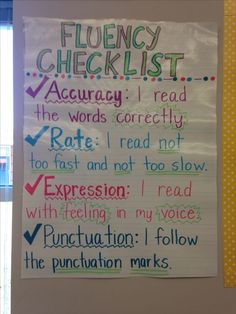 a bulletin board with writing on it that says flueny checklist and the words i read