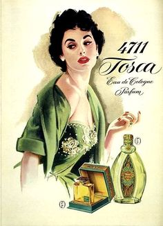 an advertisement for perfumes from the 1950's, featuring a woman in green