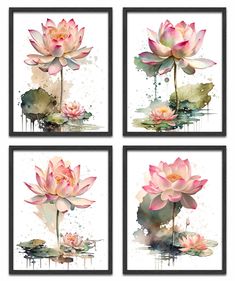 four watercolor paintings with pink flowers and green leaves