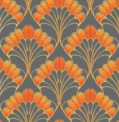 an orange and gray wallpaper with large fan shaped designs on it's sides