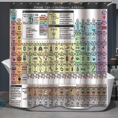 a shower curtain with an image of the elements of the periodic table on it's side