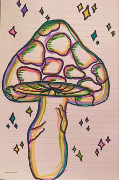 a drawing of a mushroom with stars on the bottom and in the middle, it's colored