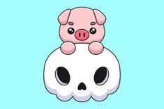 a pink pig sitting on top of a white skull with black eyes and an orange nose