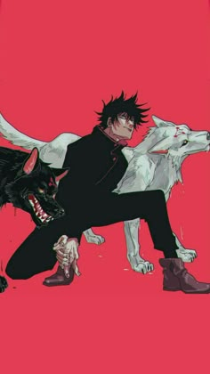 an image of a man laying on the ground with two wolfs in front of him