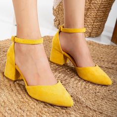 WEDDING SHOES - MUSTARD YELLOW SUEDE BRIDE SHOES - YELLOW SUEDE HEELS FOR BRIDE Introducing the epitome of elegance and comfort for your wedding day - the Yellow Suede Block Heels from Forever & Always Shoes.  * With a graceful closed toe front and a delicate ankle strap, these yellow bridal shoes effortlessly blend sophistication with a touch of romance. The 2.1 inches (approximately 5 cm) bridal block heels lift your stature, granting you an air of regal poise as you make your grand entrance. * Designed for the modern bride who knows the importance of dancing the night away, these yellow suede low heels boast a sturdy block heel construction.  * Handcrafted with care and passion from premium yellow suede vegan leather, you can embrace your wedding day in comfort and style. These yellow w