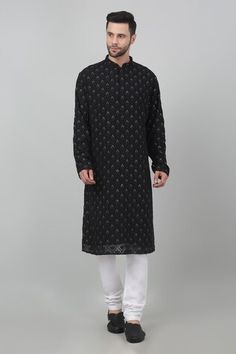 Black cotton kurta with all over floral checkered pattern, metallic sequin and tonal thread embroidery. Paired with contrast gathered churidar. - Aza Fashions Traditional Sets With Printed Motifs For Winter, Designer Kurta With Printed Motifs For Festive Occasion, Black Straight Kurta For Winter, Festive Black Traditional Wear With Woven Motifs, Black Traditional Wear With Printed Motifs For Transitional Season, Black Chikankari Embroidery Kurta For Winter, Fitted Black Traditional Wear With Printed Motifs, Designer Long Sleeve Kurta With Printed Motifs, Winter Cotton Kurta With Printed Motifs