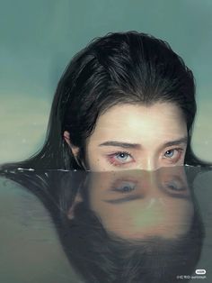 a woman's face is reflected in the water with her eyes wide open and long black hair