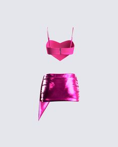 The party don’t start till you walk in wearing this iconic two-piece set 💗 With a pink heart crop top paired with a matching metallic mini skirt - this fit will turn you into the star of every occasion 💅 Summer Party Two-piece Crop Top, Chic Pink Party Sets, Pink Fitted Crop Top For Club, Chic Party Sets With Crop Top, Chic Party Crop Top Set, Trendy Two-piece Party Sets, Spring Party Two-piece Crop Top, Chic Crop Top Set For Party, Pink Summer Party Sets