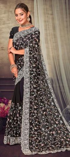 Black and Grey color Saree in Georgette fabric with Embroidered, Resham, Thread work Black Resham Embroidery Dupatta For Reception, Black Semi-stitched Embroidered Fabric With Pallu, Black Semi-stitched Saree For Reception, Elegant Black Embroidered Saree Fabric, Black Fitted Saree With Intricate Embroidery, Black Traditional Wear With Intricate Embroidery For Wedding, Black Embroidered Fabric For Wedding, Elegant Black Embroidered Fabric For Festive Season, Black Traditional Wear For Receptions And Festivals