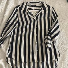 Stripped Long Sleeve Blouse. Black And White. Size Small, Fits Medium. Never Worn. New With Tj Maxx Tags Casual Black Blouse With Vertical Stripes, Black Casual Blouse With Vertical Stripes, Mesh Hoodie, White Crochet Top, Dressy Tank Tops, Black Sleeveless Top, Ruffle Long Sleeve, Cotton Long Sleeve Shirt, Bell Sleeve Blouse