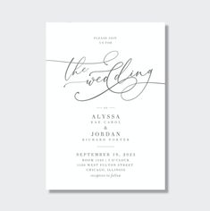 the wedding card is shown in black and white with an elegant calligraphy font on it