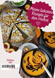 a collage of different desserts and pies with the words, meine liersen rezepte lir den hebst