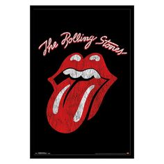 the rolling stones'logo on a black background with red and white letters that says, `