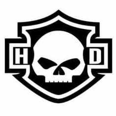 a black and white image of a skull in the middle of a shield with words h d