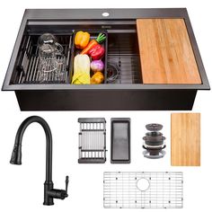 a kitchen sink with cutting board, strainer and accessories