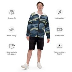 This lightweight windbreaker ensures maximum comfort on windy, rainy, and sunny days, thanks to the water-resistant fabric and breathable mesh lining. The windbreaker has an effortless look that will fit different styles and can be easily layered with long and short sleeve shirts. • 100% polyester • Fabric weight: 2.21 oz/yd² (75 g/m²) • Lightweight, water-resistant fabric • Breathable mesh lining, reduces static • Regular fit • Elastic cuffs • Hood and side pockets • Zippable front • Blank prod Camouflage Hooded Windproof Windbreaker, Military Style Windproof Windbreaker For Hiking, Nylon Windbreaker With Double-lined Hood, Military Camouflage Windbreaker For Winter, Military Camouflage Windbreaker For Outdoor, Short Sleeve Shirts, Water Resistant Fabric, Short Sleeve Shirt, Sunny Days