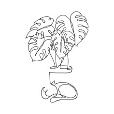 a black and white drawing of a potted plant with a cat sleeping on the ground