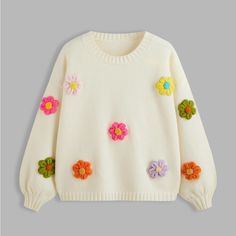 Fit Type: Oversized Length: Long Neckline: Round Neckline Material Composition: 28% Nylon 30% Polyester 42% Acrylic Spring Cotton Sweater With Floral Applique, White Floral Applique Sweater For Fall, White Long Sleeve Sweater With Floral Applique, Spring Acrylic Sweater, 80s Fits, Argyle Vest, Oversized Sweater Outfit, Glamorous Outfits, Flower Sweater