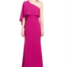 Here Just In Time For Wedding Season, This Stunning Gown From Vince Camuto Is Tailored With An Asymmetrical Neckline With A Single Draped Caplet Sleeve For A Silhouette That Feels Plucked From The Runways. Features Asymmetrical Neckline Single Cape Sleeve Layered Side Zip Length: 60" Shell: Polyester/Spandex; Lining: Polyester Color: Fuchsia Pre-draped Fitted Evening Dress For Wedding Guest, Formal Pre-draped Pink Gown, Elegant Asymmetrical Evening Dress For Wedding, Pre-draped Asymmetrical Evening Dress For Formal Events, Formal Asymmetrical Pre-draped Evening Dress, Formal Pre-draped Asymmetrical Evening Dress, Asymmetrical Wedding Dress With Sweep Train, Asymmetrical Sweep Train Wedding Dress, Pre-draped One-shoulder Evening Dress For Wedding