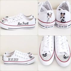 four different pictures of white shoes with mickey mouse on the front and bottom, one for each child's shoe