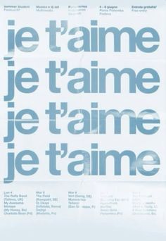 a poster with the words je t'aime written in blue on white paper