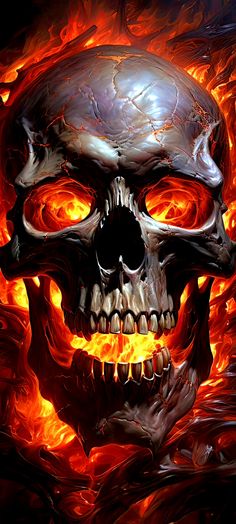 a skull with flames in the background