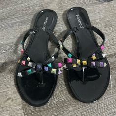 Bamboo Black Jelly Flip Flops With Multi Colored Studs Size 7. Never Worn. Jelly Flip Flops, Summer Flats, Bow Sandals, Juicy Couture Charms, Strap Sandals Women, Open Toe Shoes, Blue Sandals, Strappy Sandals, Gladiator Sandals