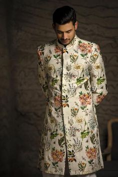 Shop for PS Men by Payal Singhal White Dupion Silk Titli Print Sherwani Set for Men Online at Aza Fashions Silk Churidar, Payal Singhal, Tarun Tahiliani, Vogue India, Dupion Silk, Churidar, Mandarin Collar, Festival Wear, Aza Fashion