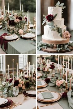 wedding cake with flowers and candles on the table