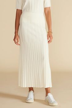 Cerise Knit Midi Skirt - Ivory– Amour Vert Elegant Ribbed Skirt, Elegant Ribbed Midi Skirt, White Fitted Midi-length Pleated Skirt, Elegant White Maxi Skirt With Pleated Hem, Elegant Ribbed Maxi Skirt, Elegant Stretch Ribbed Skirt, Elegant Ribbed Stretch Skirt, Elegant White Ribbed Bottoms, Fitted Midi Maxi Skirt With Accordion Pleats