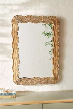 a mirror sitting on top of a wooden dresser next to a plant in a vase