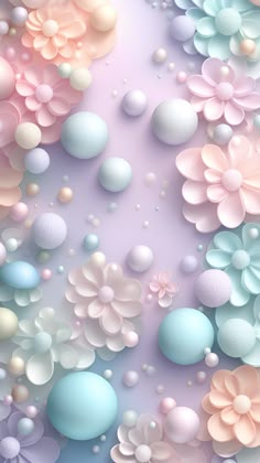 an abstract background with flowers and bubbles in pastel colors on a purple, blue, pink and white backdrop