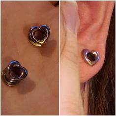 two pictures side by side one has a heart shaped earring and the other has a pair of earrings