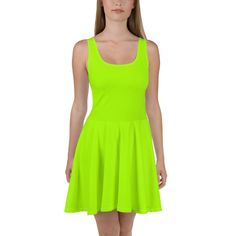 Dress to impress with this sleeveless skater dress! The soft fabric and flared skirt give it an elegant twist that brings out the intricate design with a beautiful vibrancy. * 82% polyester, 18% spandex * Fabric weight: 6.78 oz/yd² (230 g/m weight may vary by 5% * Smooth and elastic fabric * Mid-thigh length flared skirt * Elastic waistline * Overlock seams, coverstitch hemline Green Skater Dress, Neon Green Dresses, Pink Skater Dress, Green Fits, Trapeze Dress, Elastic Fabric, Handmade Dresses, Flared Skirt, 50's Dress