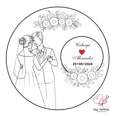 the wedding couple is holding each other in front of an oval frame with flowers and leaves