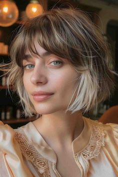 French Bob With Money Piece, Bangs Styles For Short Hair, Bobs With Fringe Fine Hair, Bob Hairstyling How To Style, Short Bob Inspiration, Blonde Balayage On Dark Hair Bob, Cute Short Hair Colors, Feathered Fringe Haircut, Layered Messy Bob With Bangs