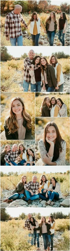 a group of people are posing for pictures in the grass with their arms around each other