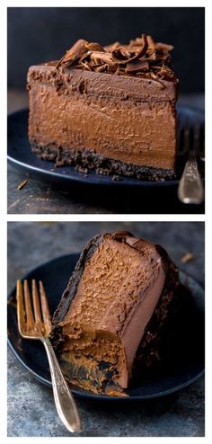 two pictures of a piece of chocolate cake on a plate with a fork and spoon